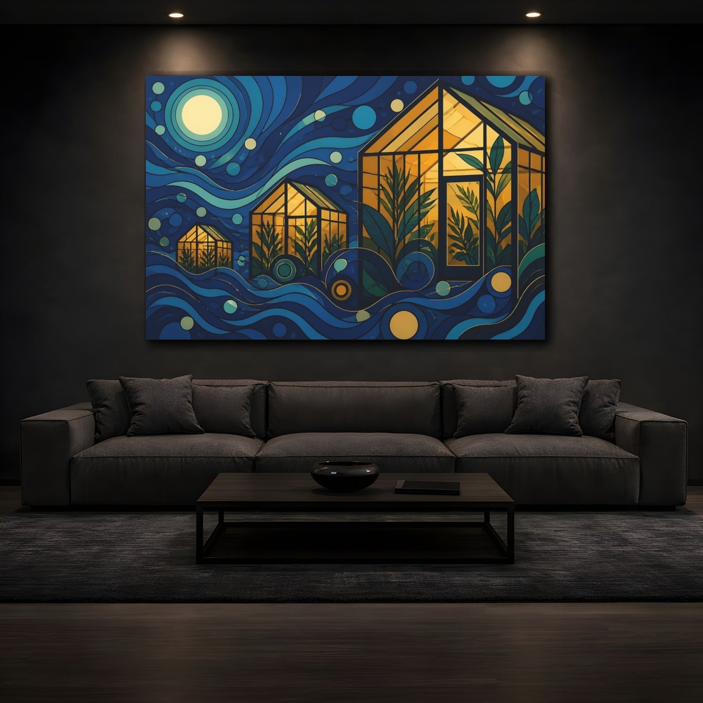 Mockup 3. Moonlit Amber Greenhouses shown as canvas print