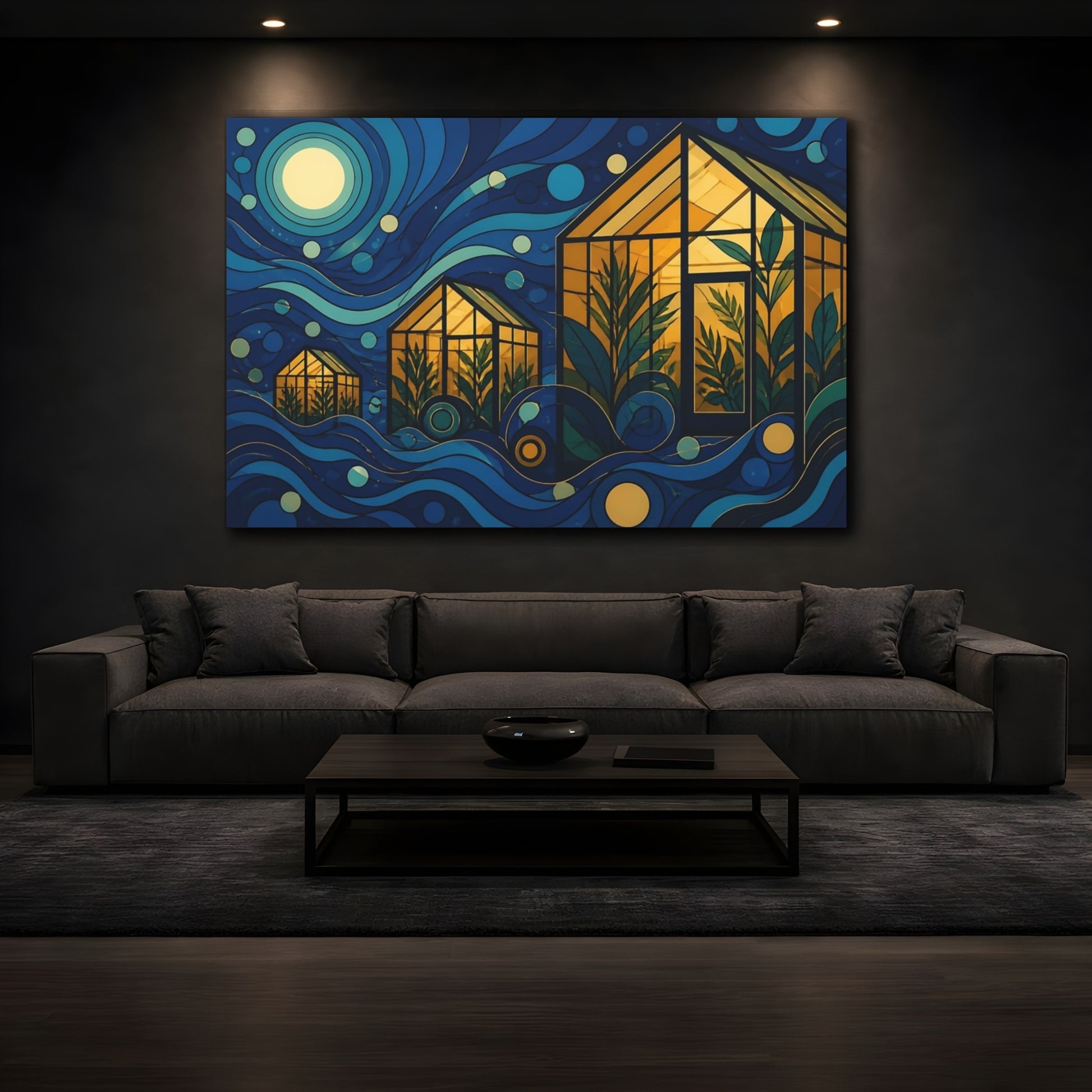 Mockup 3. Moonlit Amber Greenhouses shown as canvas print