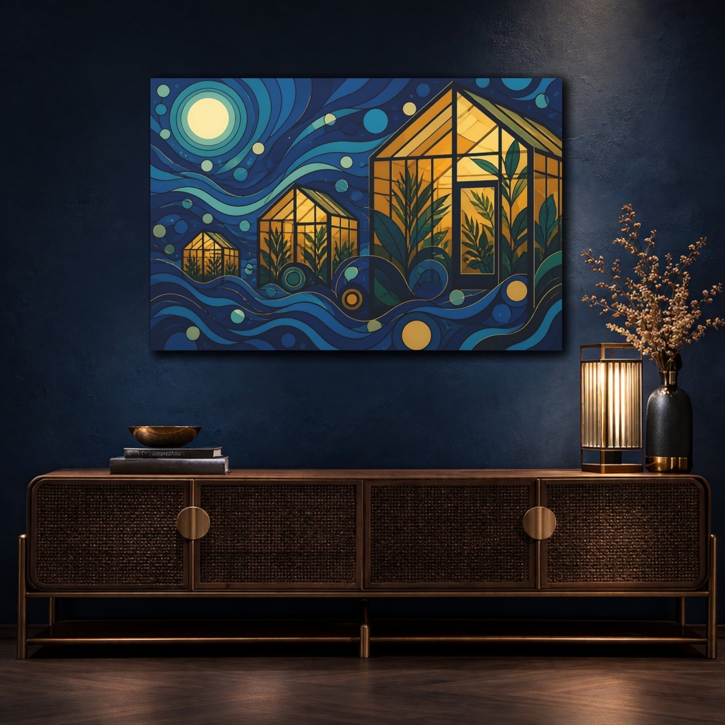 Mockup 4. Moonlit Amber Greenhouses shown as canvas print
