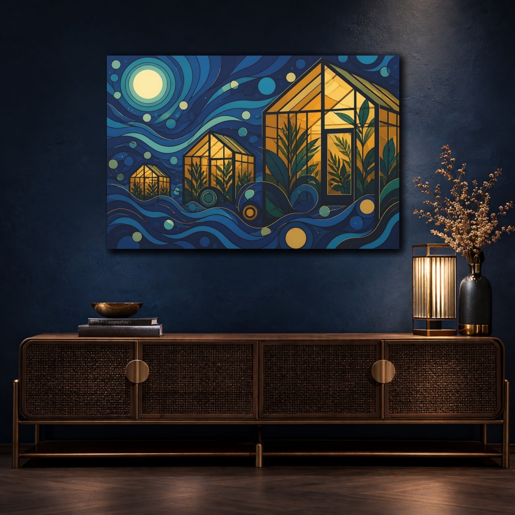 Mockup 4. Moonlit Amber Greenhouses shown as canvas print