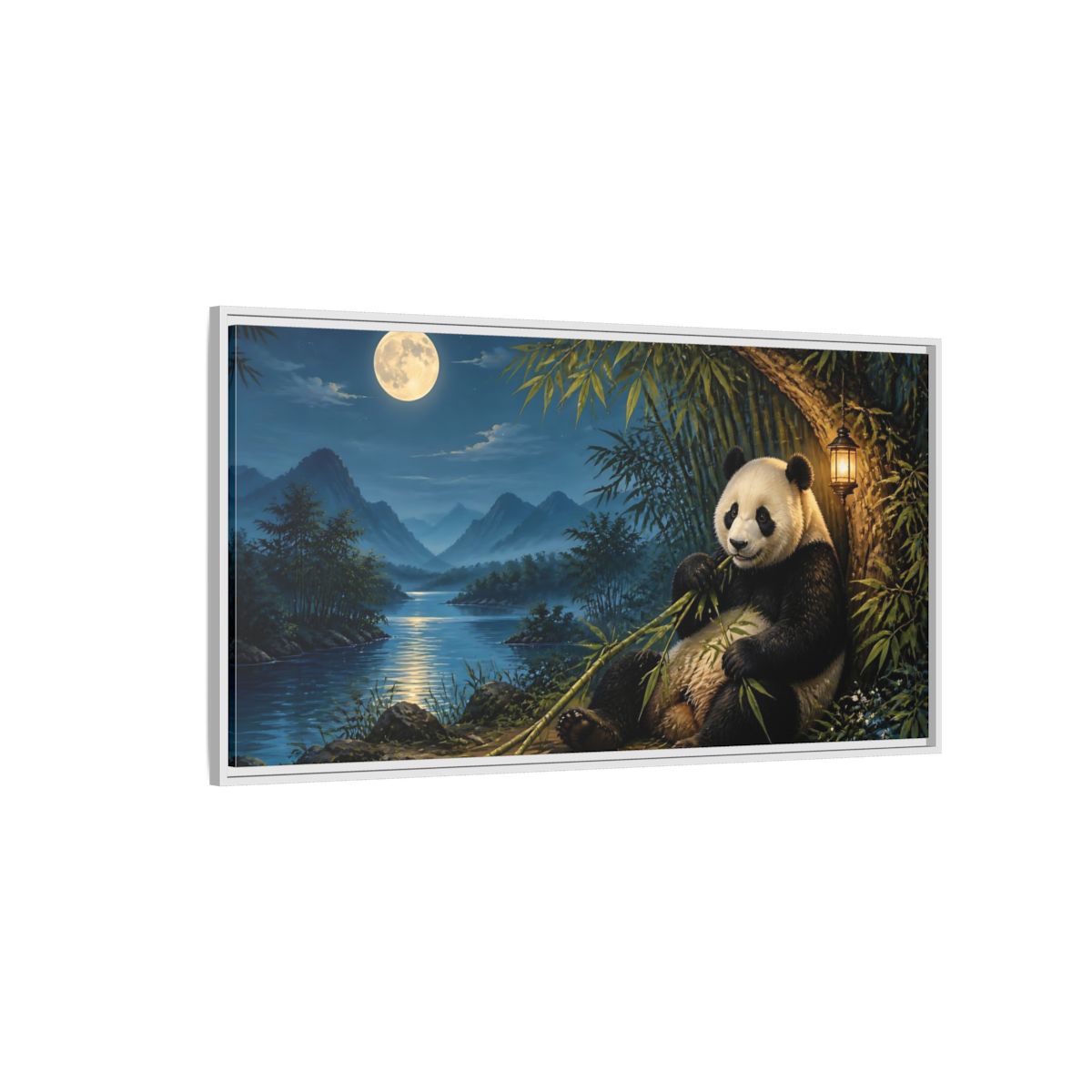 Side Mockup 3. Moonlit Bamboo Panda shown as framed canvas print