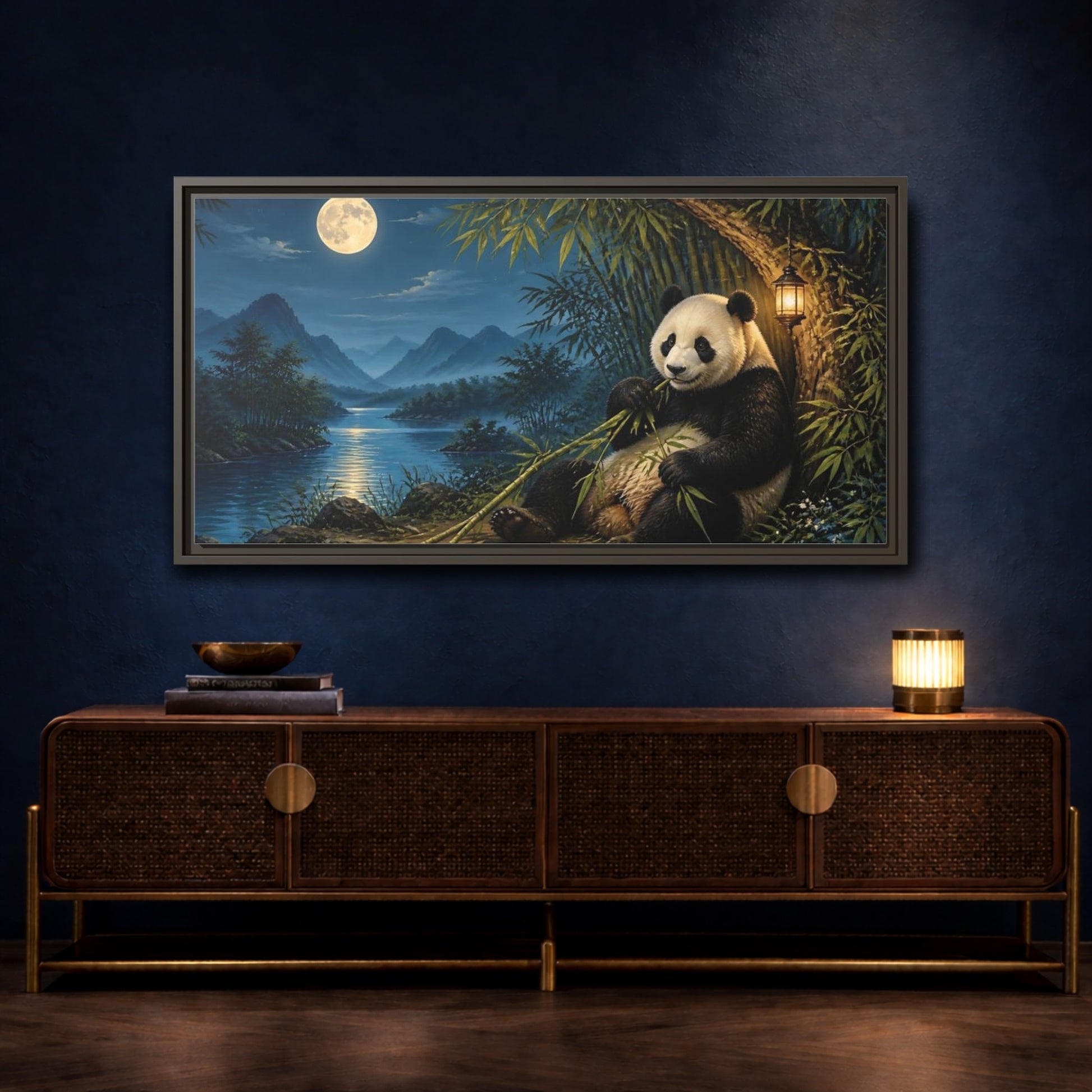 Mockup 4. Moonlit Bamboo Panda shown as framed canvas print