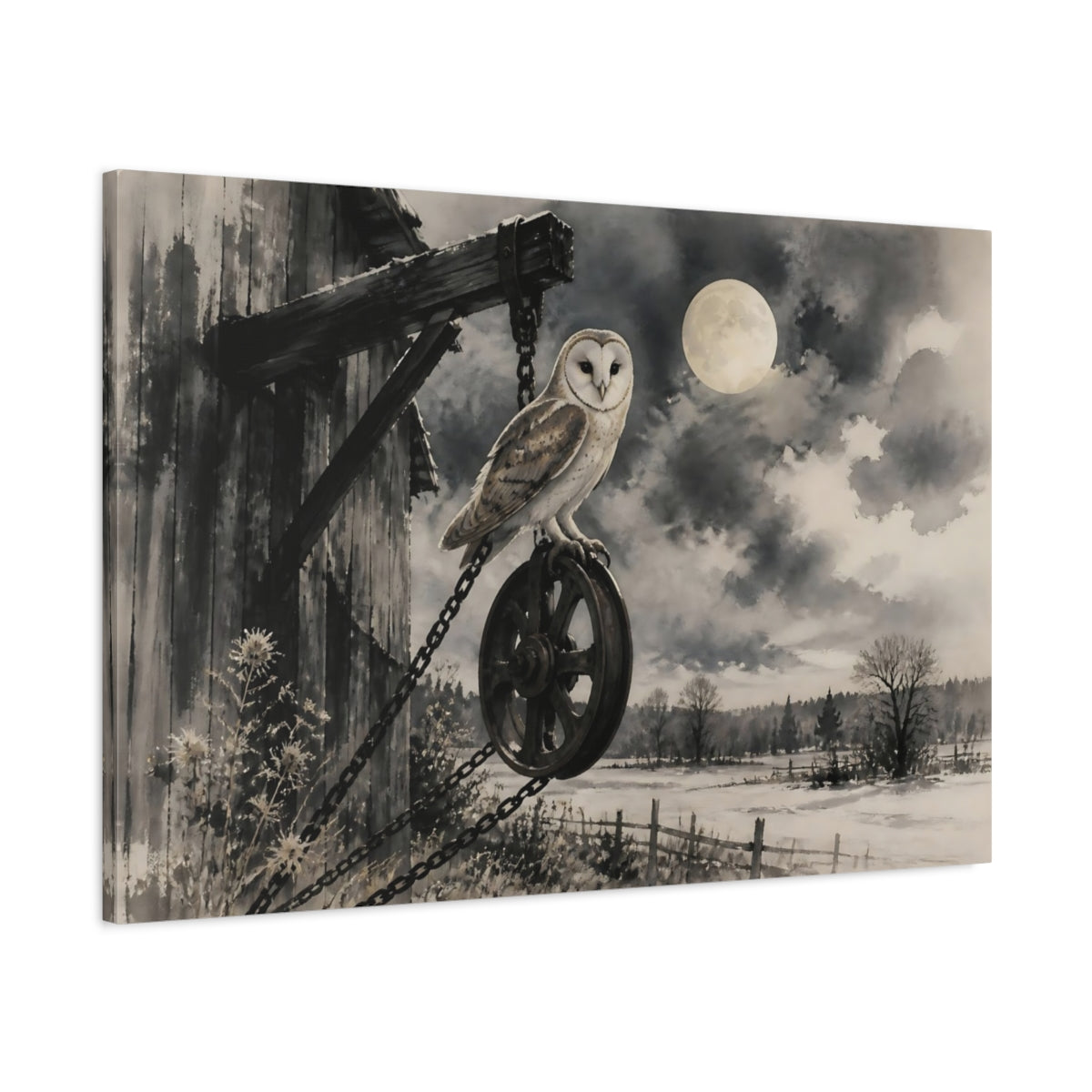 Main Mockup. Moonlit Barn Owl shown as canvas print
