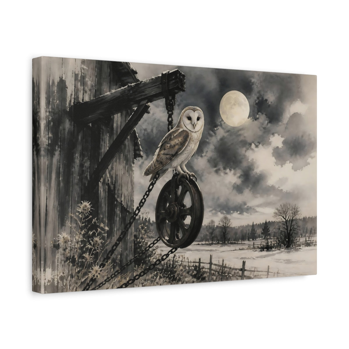 Side Mockup 4. Moonlit Barn Owl shown as canvas print