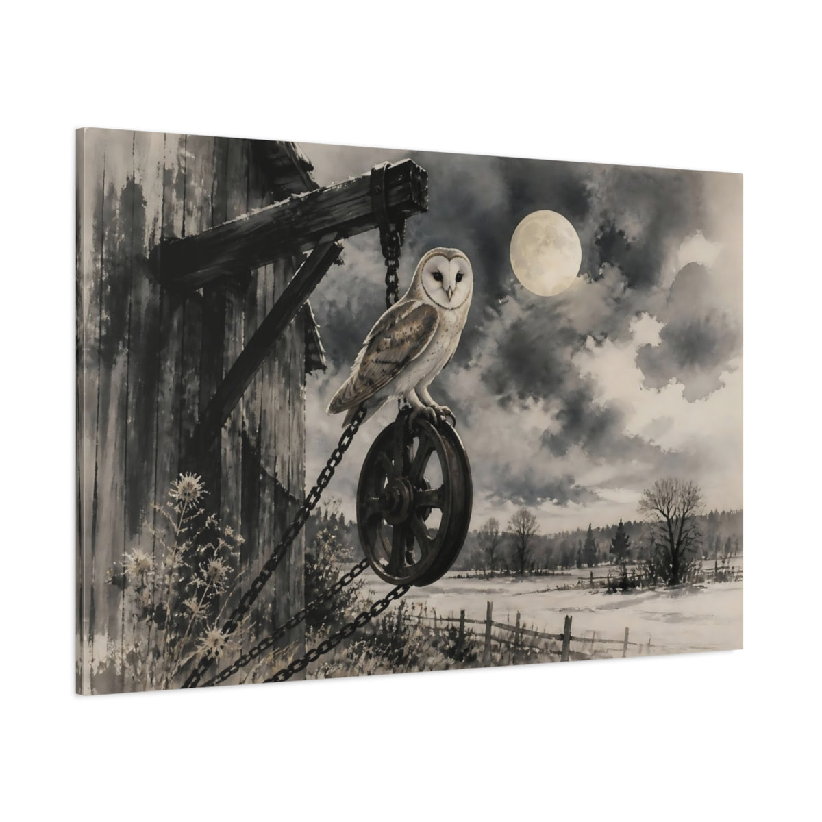 Side Mockup 1. Moonlit Barn Owl shown as canvas print