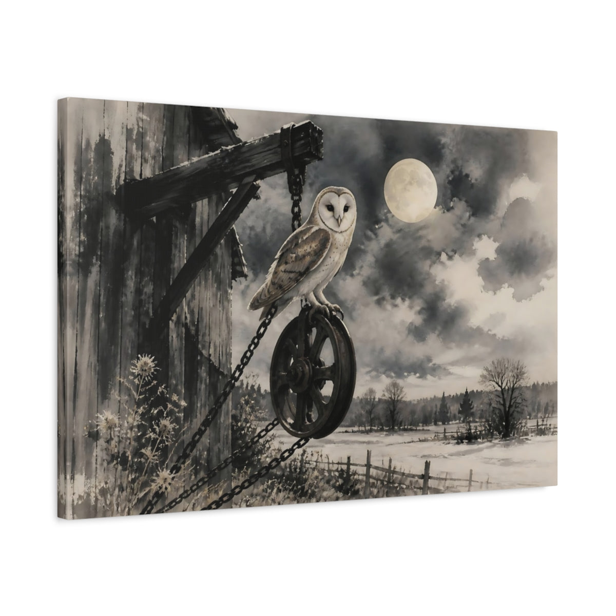 Side Mockup 2. Moonlit Barn Owl shown as canvas print