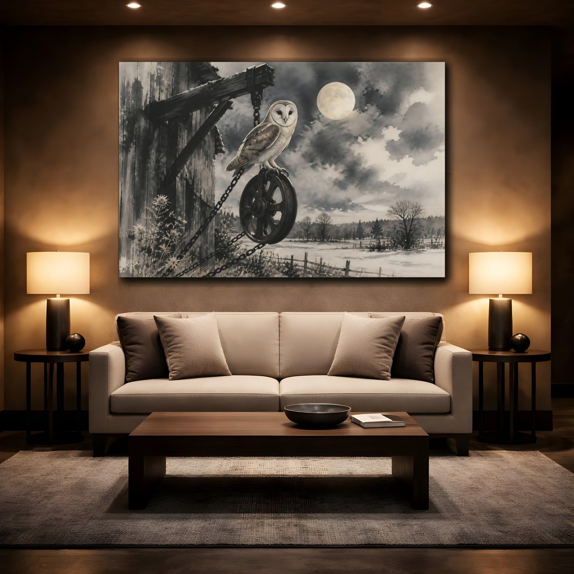 Mockup 2. Moonlit Barn Owl shown as canvas print