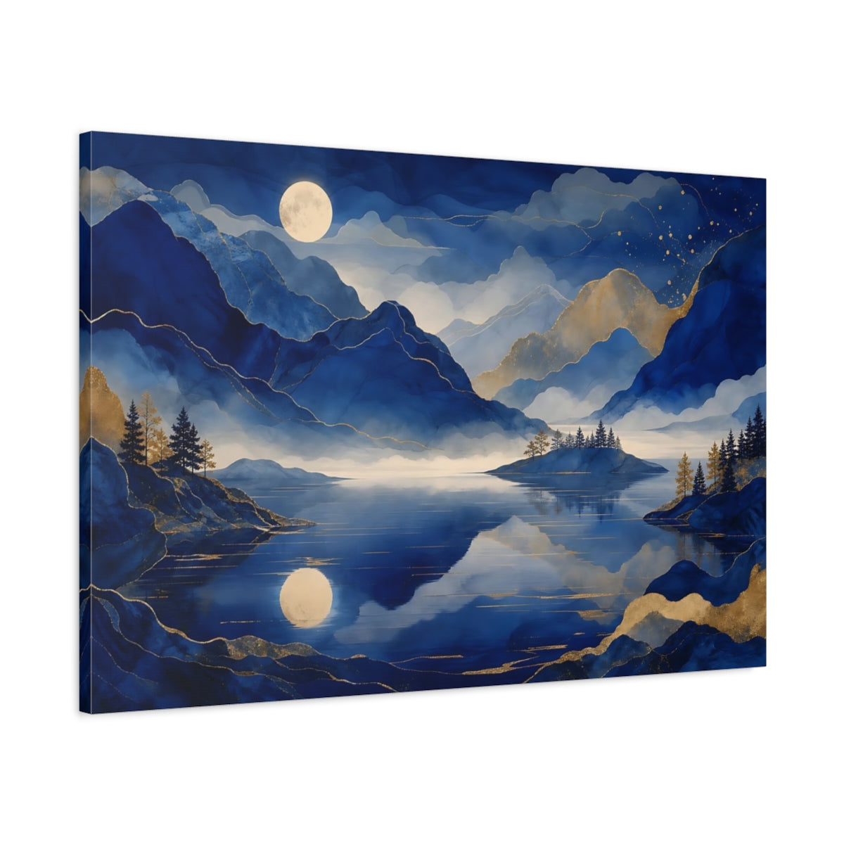 Main Mockup. Moonlit Blue Mountain Lake shown as canvas print