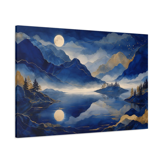 Main Mockup. Moonlit Blue Mountain Lake shown as canvas print