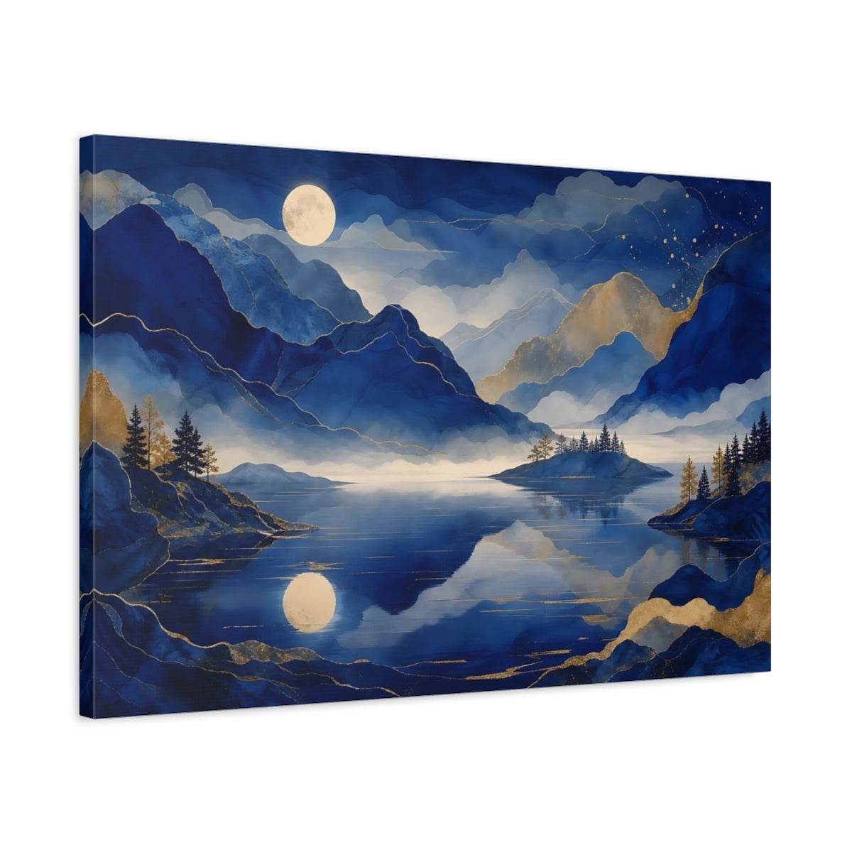 Side Mockup 2. Moonlit Blue Mountain Lake shown as canvas print