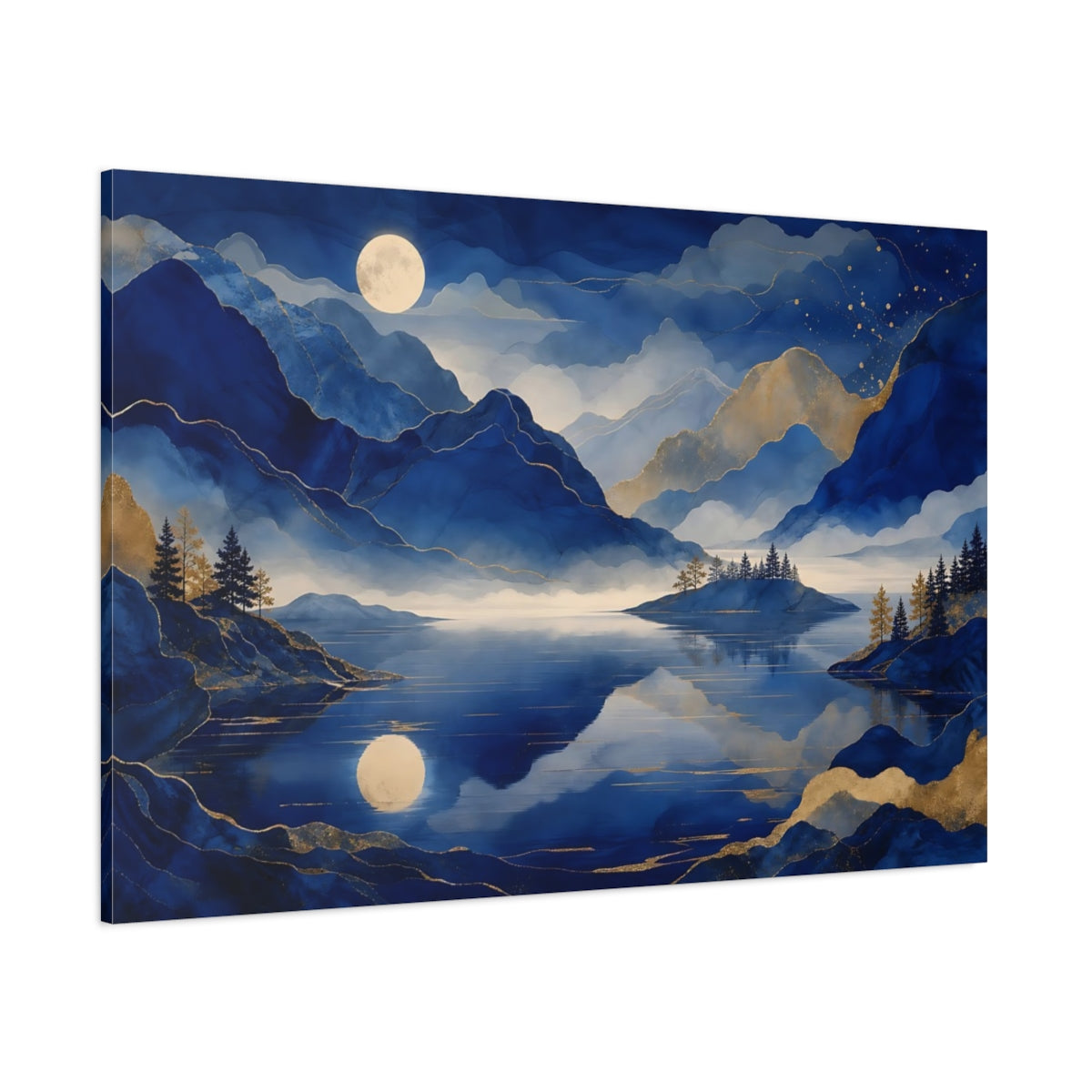 Side Mockup 1. Moonlit Blue Mountain Lake shown as canvas print