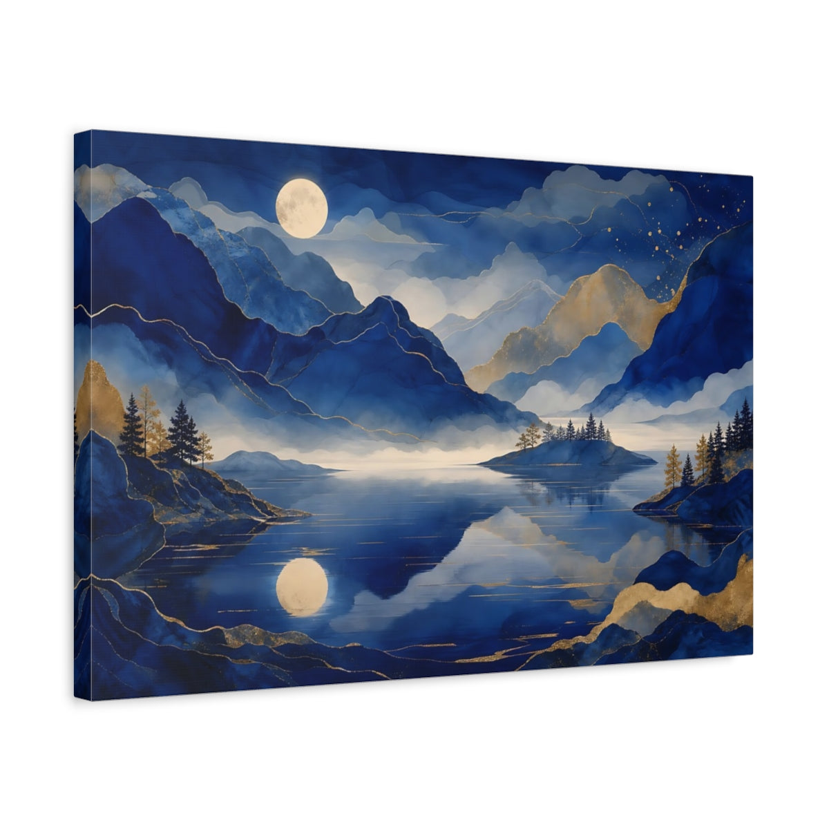 Side Mockup 3. Moonlit Blue Mountain Lake shown as canvas print