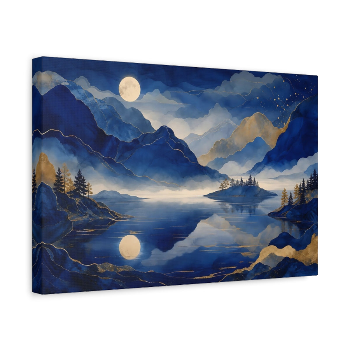 Side Mockup 4. Moonlit Blue Mountain Lake shown as canvas print