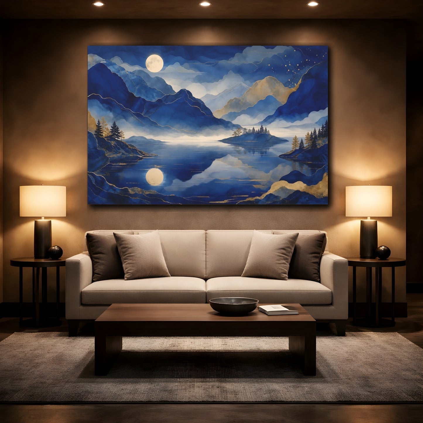 Mockup 2. Moonlit Blue Mountain Lake shown as canvas print