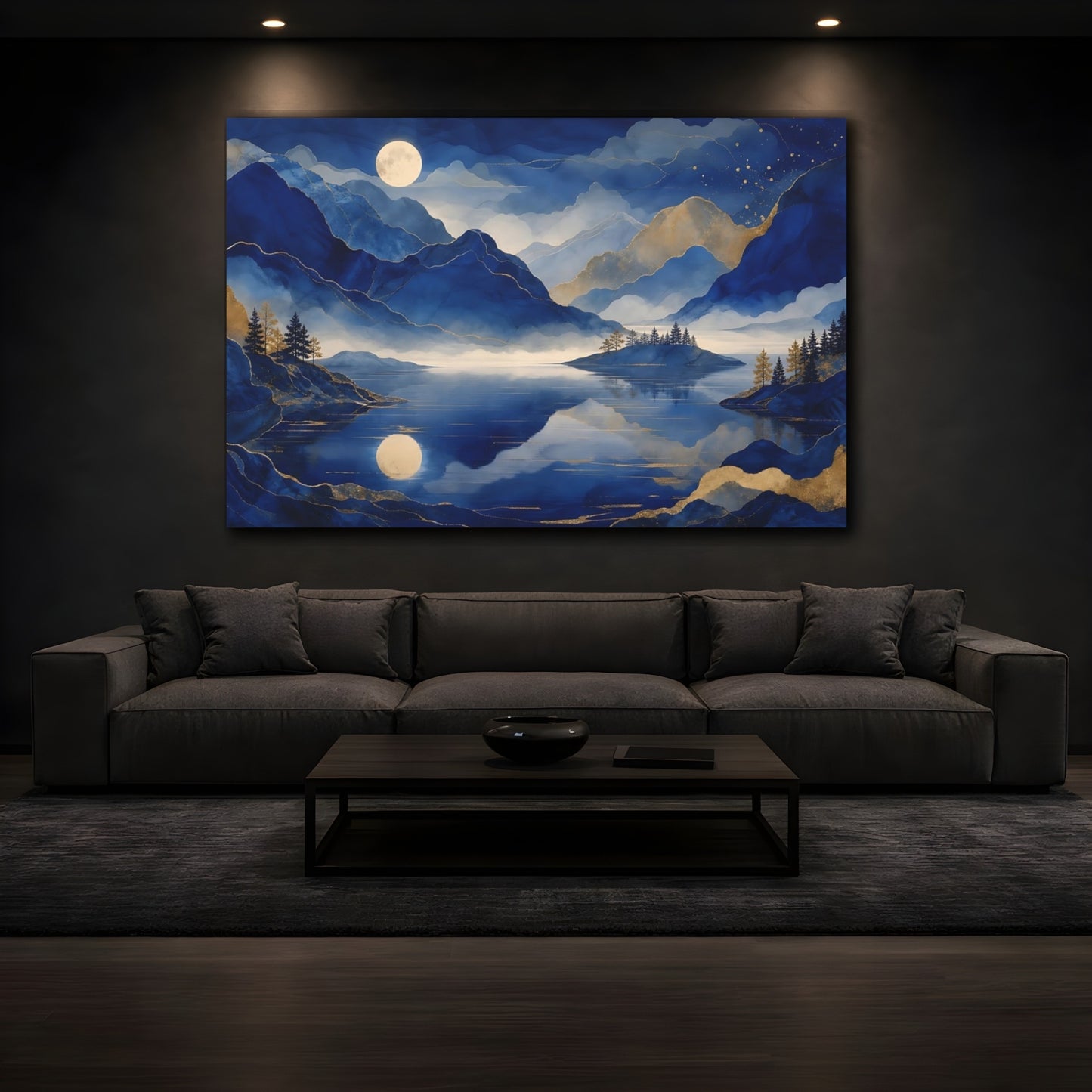 Mockup 3. Moonlit Blue Mountain Lake shown as canvas print