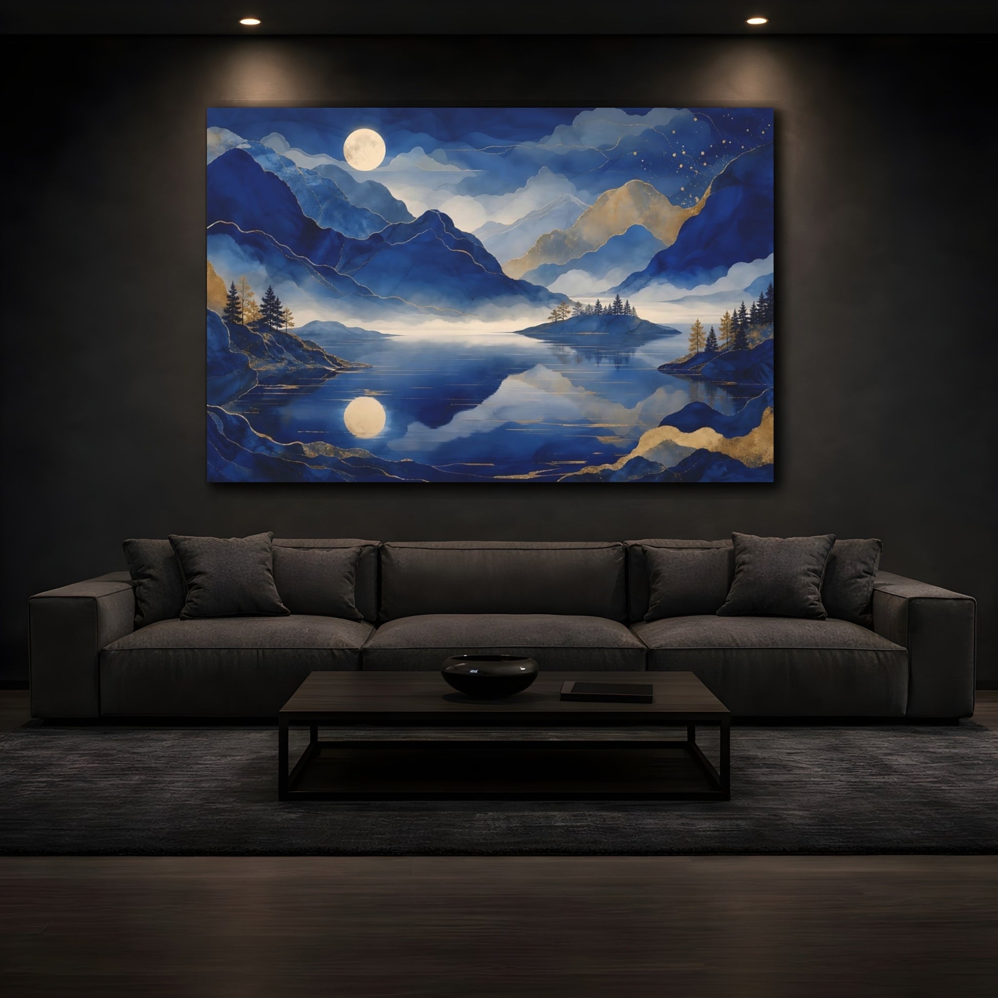 Mockup 3. Moonlit Blue Mountain Lake shown as canvas print