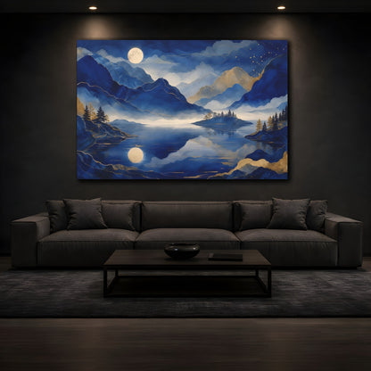 Mockup 3. Moonlit Blue Mountain Lake shown as canvas print
