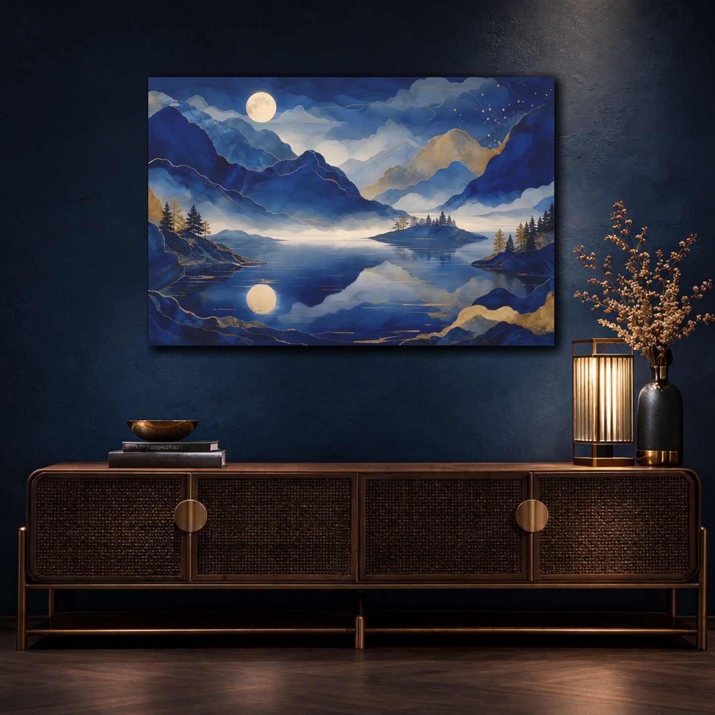 Mockup 4. Moonlit Blue Mountain Lake shown as canvas print