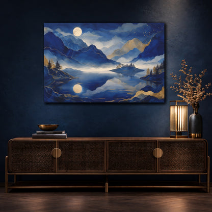 Mockup 4. Moonlit Blue Mountain Lake shown as canvas print
