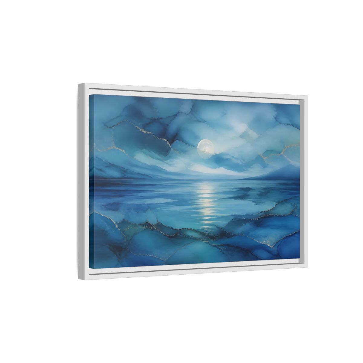 Side Mockup 1. Moonlit Blue Seascape shown as framed canvas print