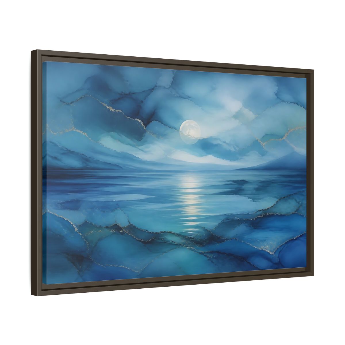 Side Mockup 11. Moonlit Blue Seascape shown as framed canvas print