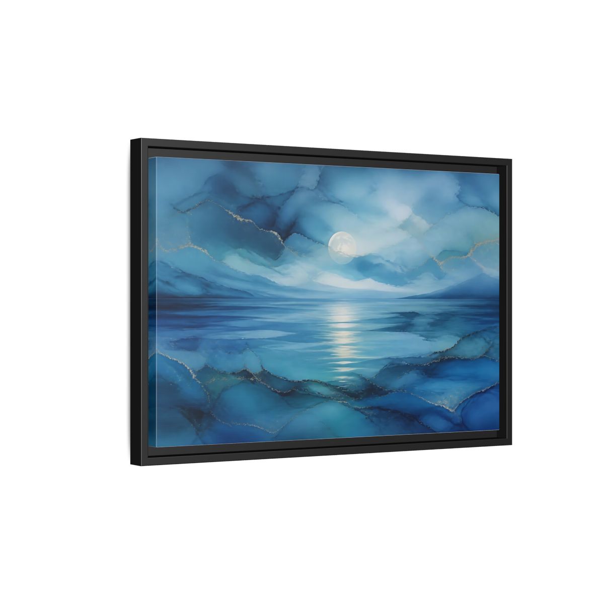 Side Mockup 3. Moonlit Blue Seascape shown as framed canvas print
