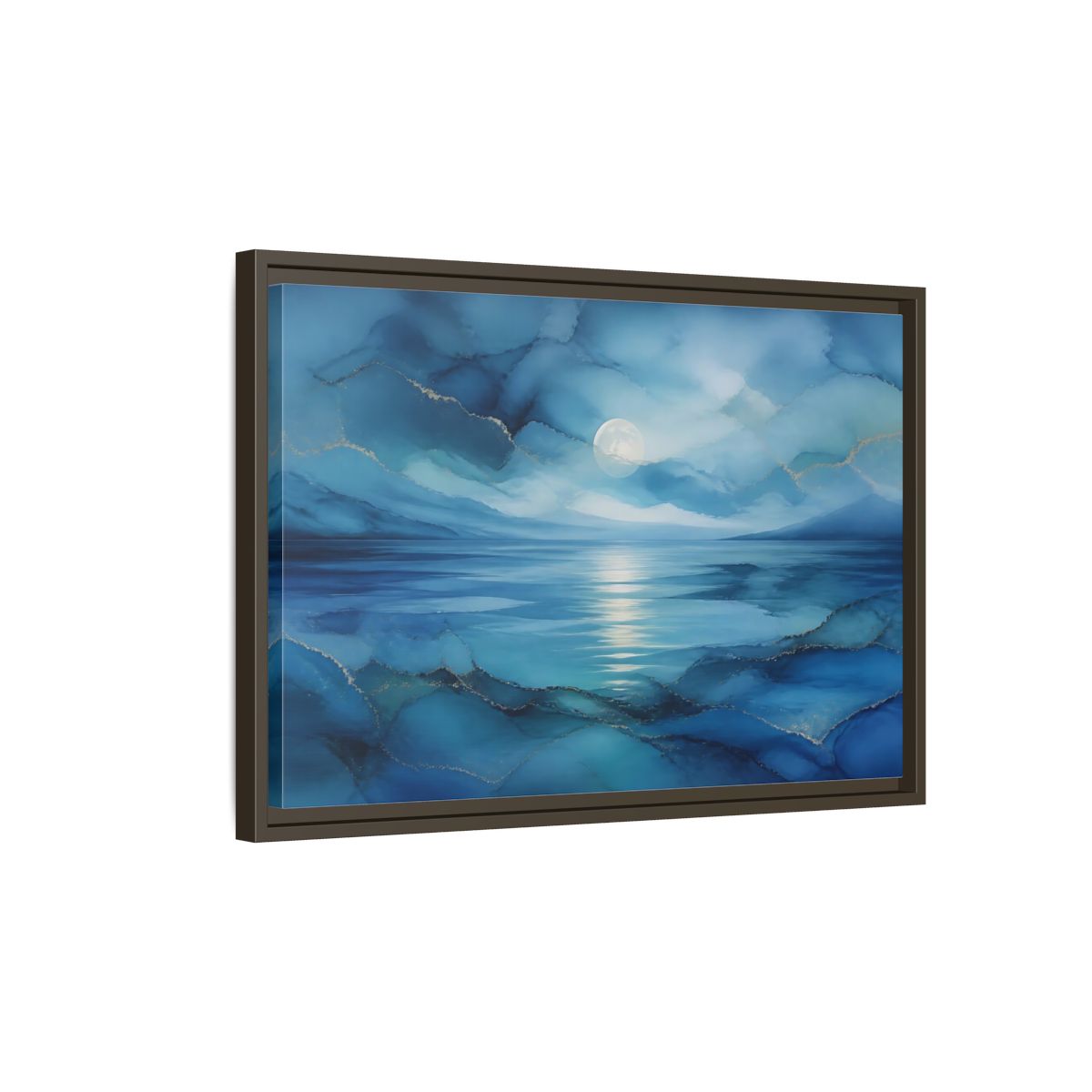 Side Mockup 2. Moonlit Blue Seascape shown as framed canvas print