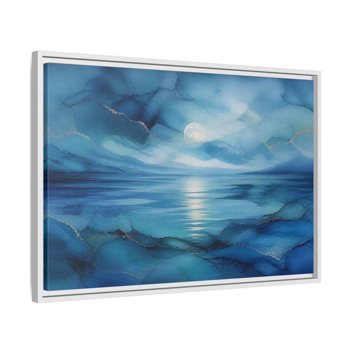 Side Mockup 10. Moonlit Blue Seascape shown as framed canvas print