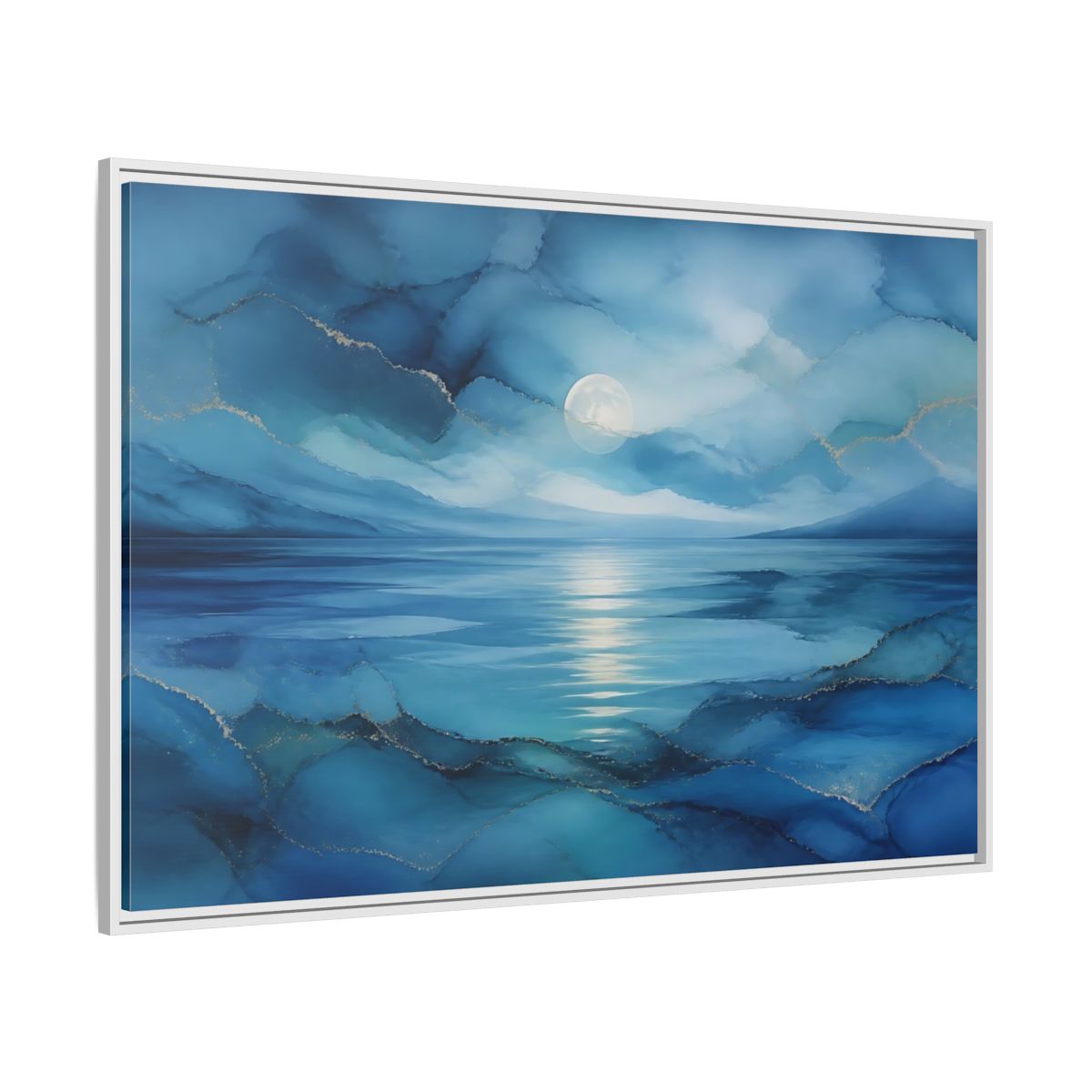 Side Mockup 7. Moonlit Blue Seascape shown as framed canvas print