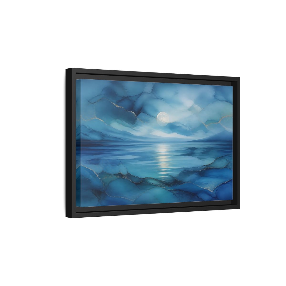 Side Mockup 6. Moonlit Blue Seascape shown as framed canvas print