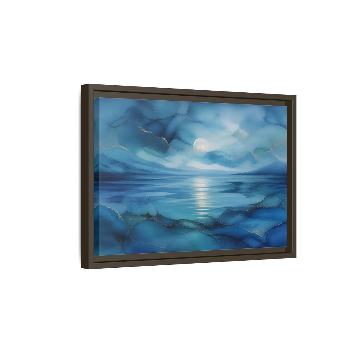 Side Mockup 5. Moonlit Blue Seascape shown as framed canvas print