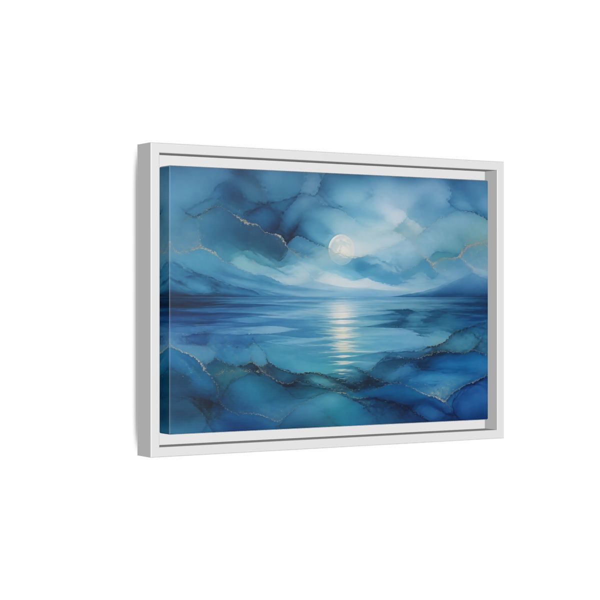 Side Mockup 4. Moonlit Blue Seascape shown as framed canvas print