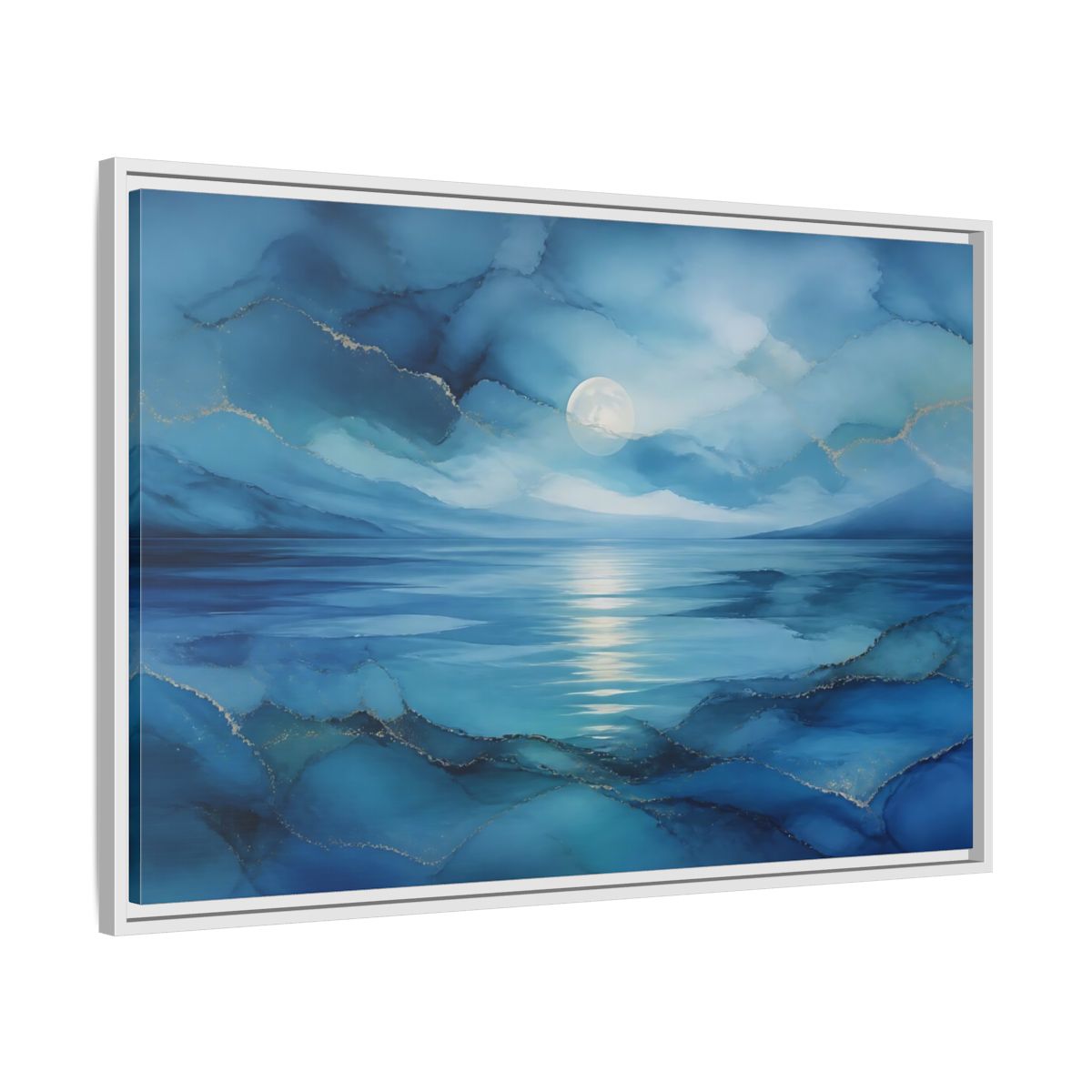 Side Mockup 9. Moonlit Blue Seascape shown as framed canvas print