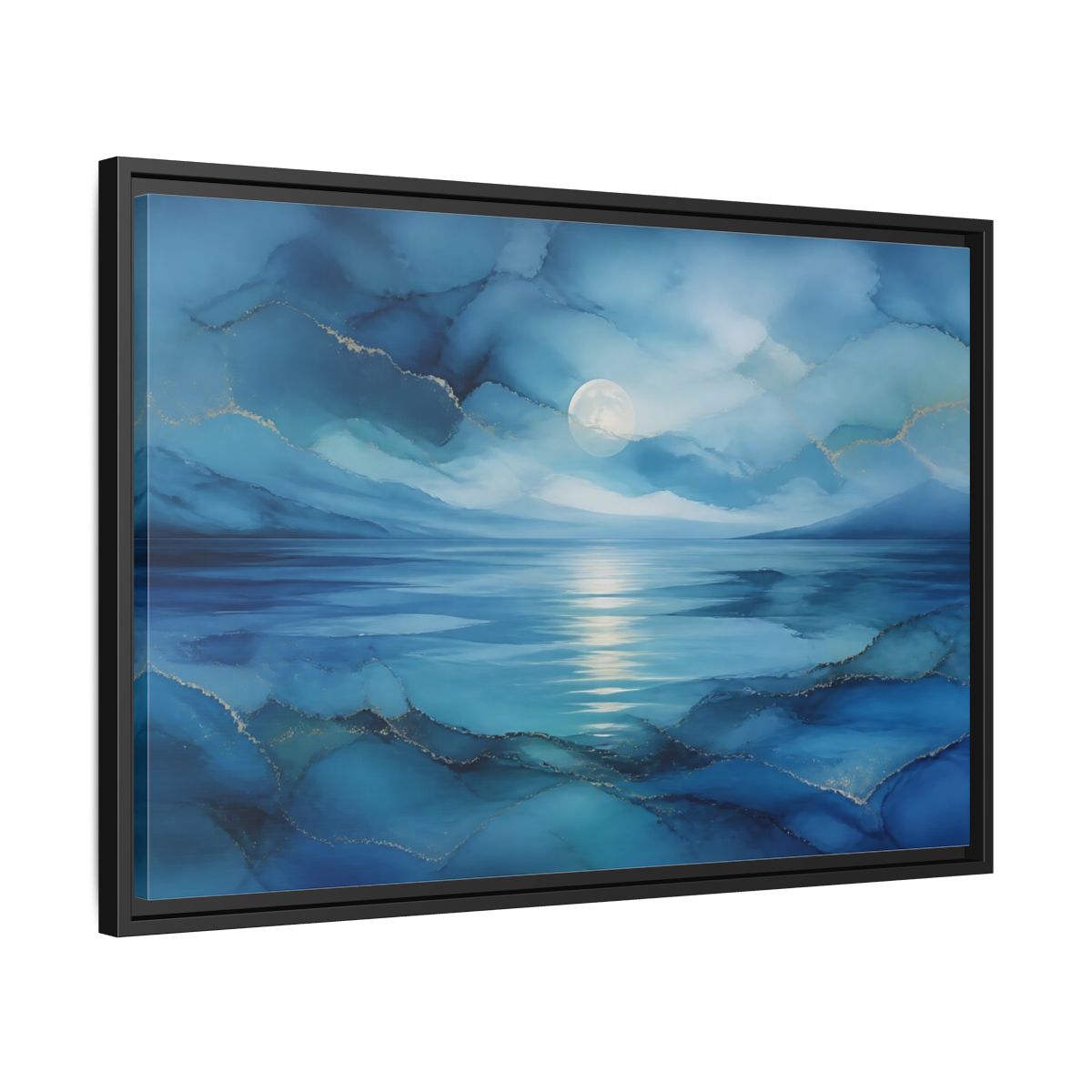 Side Mockup 14. Moonlit Blue Seascape shown as framed canvas print