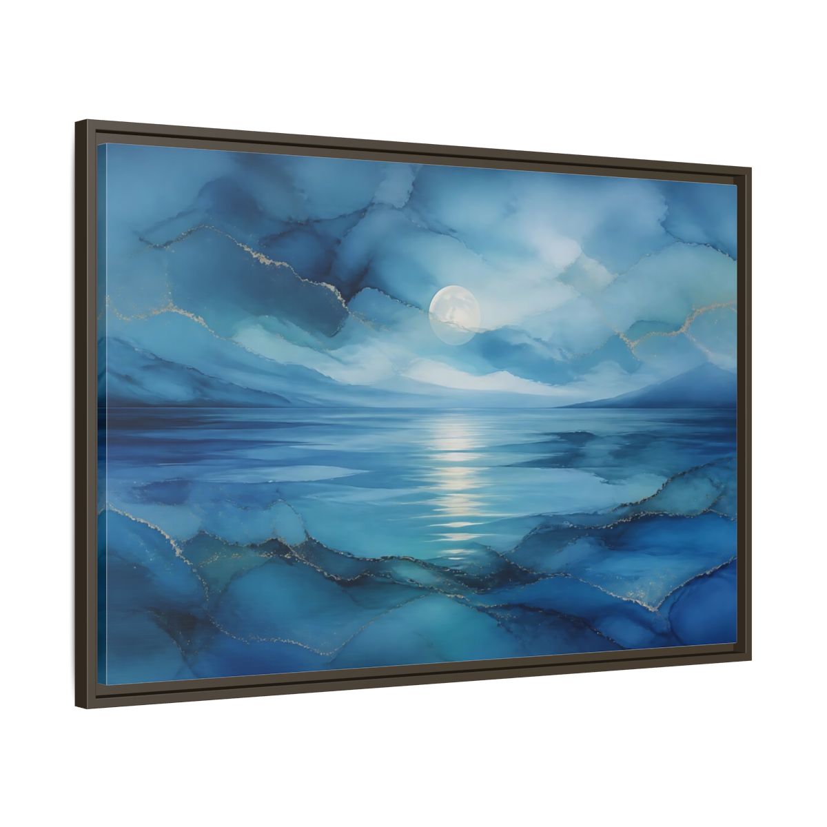 Main Mockup. Moonlit Blue Seascape shown as framed canvas print