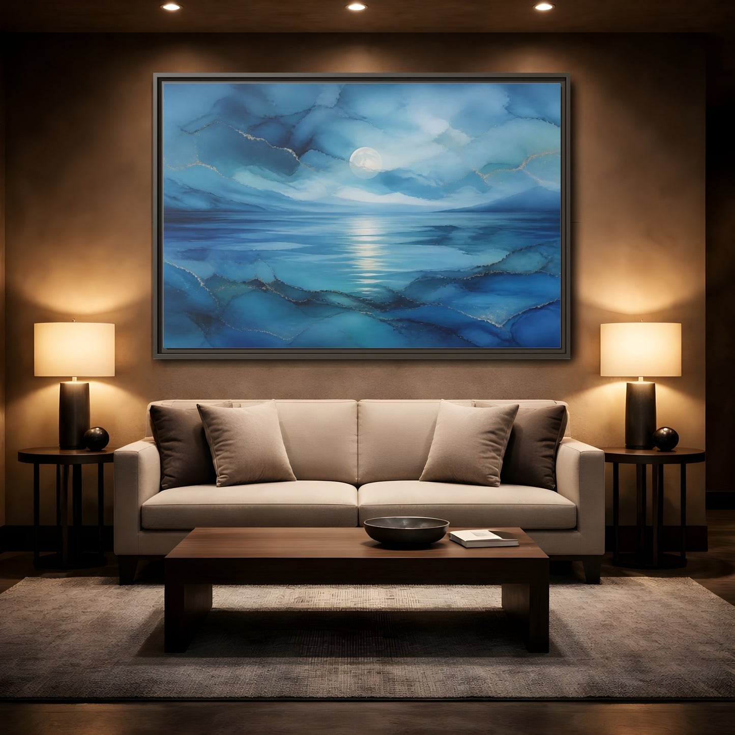 Mockup 2. Moonlit Blue Seascape shown as framed canvas print
