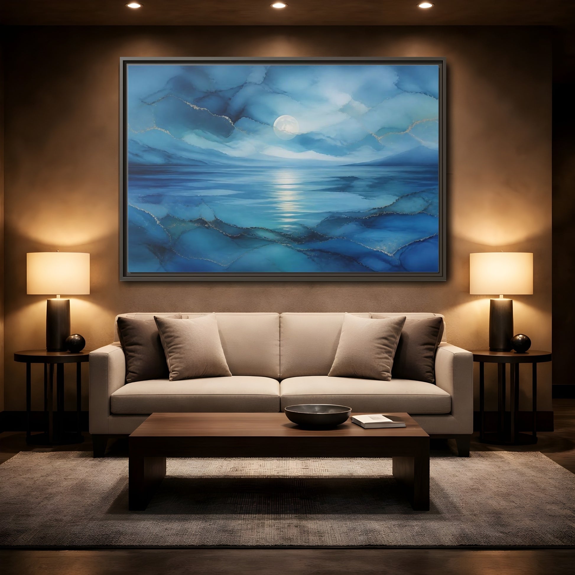 Mockup 2. Moonlit Blue Seascape shown as framed canvas print