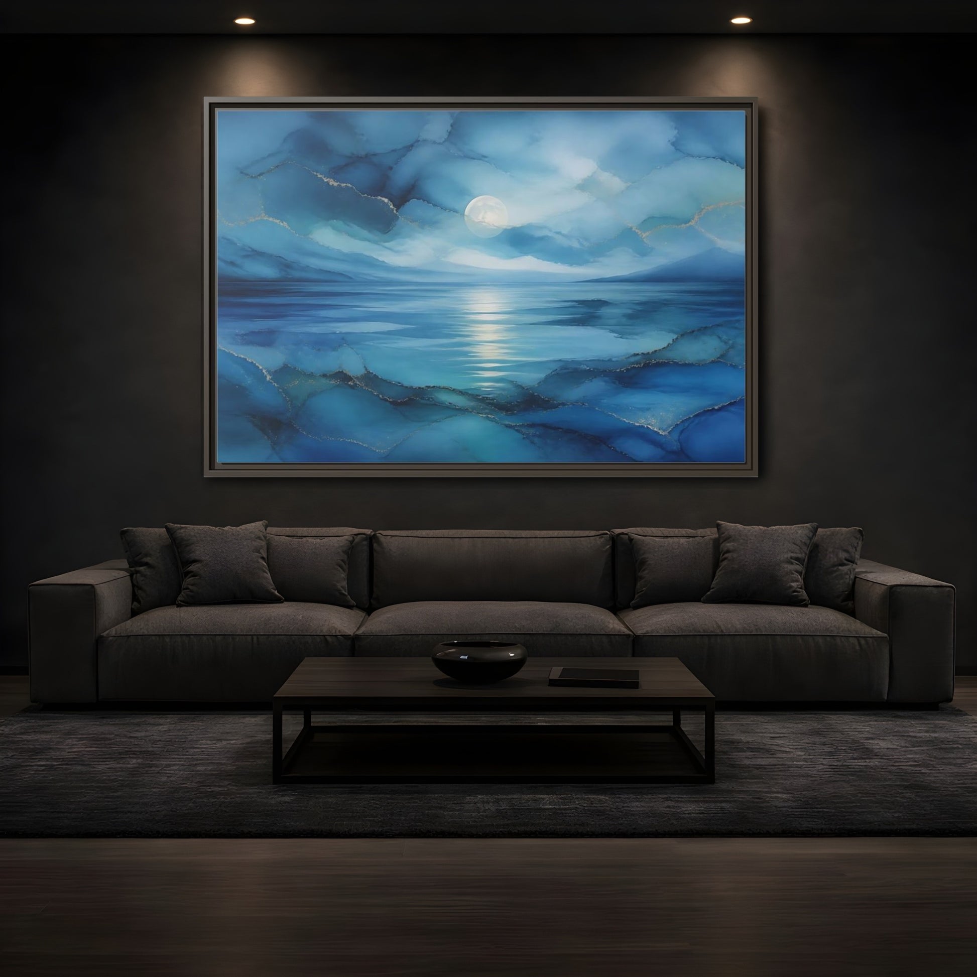 Mockup 3. Moonlit Blue Seascape shown as framed canvas print