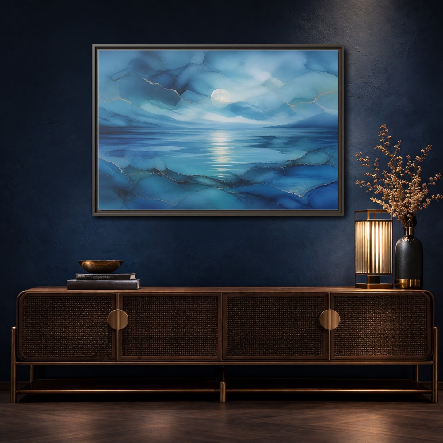 Mockup 4. Moonlit Blue Seascape shown as framed canvas print