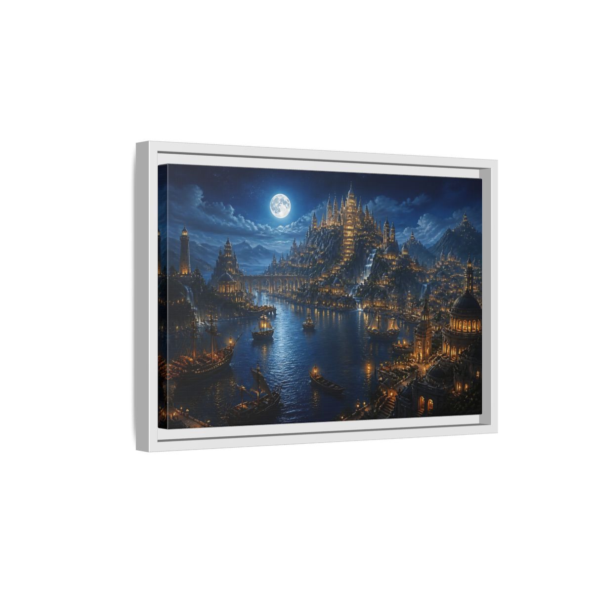 Side Mockup 4. Moonlit Castle Harbor shown as framed canvas print