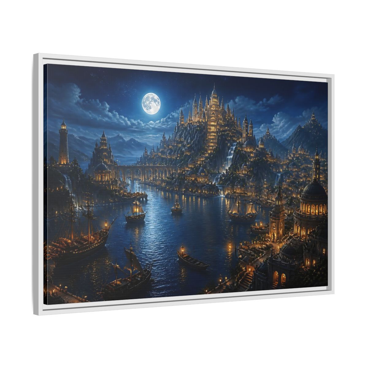 Side Mockup 9. Moonlit Castle Harbor shown as framed canvas print