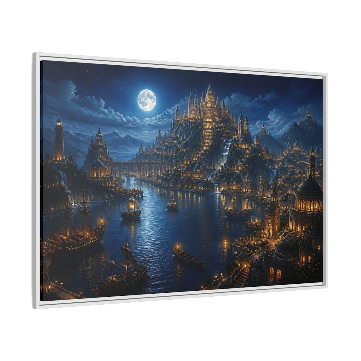 Side Mockup 7. Moonlit Castle Harbor shown as framed canvas print