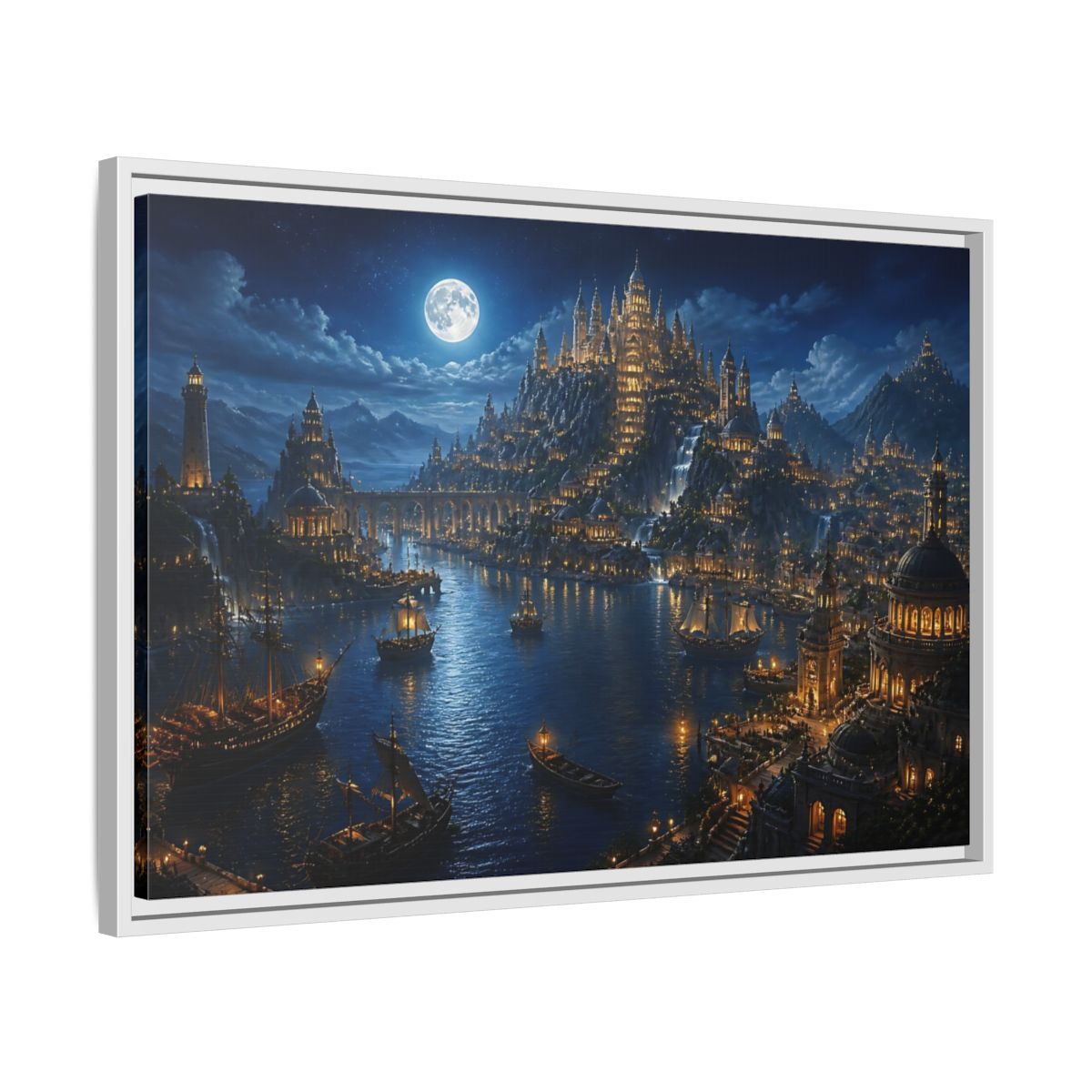 Side Mockup 10. Moonlit Castle Harbor shown as framed canvas print