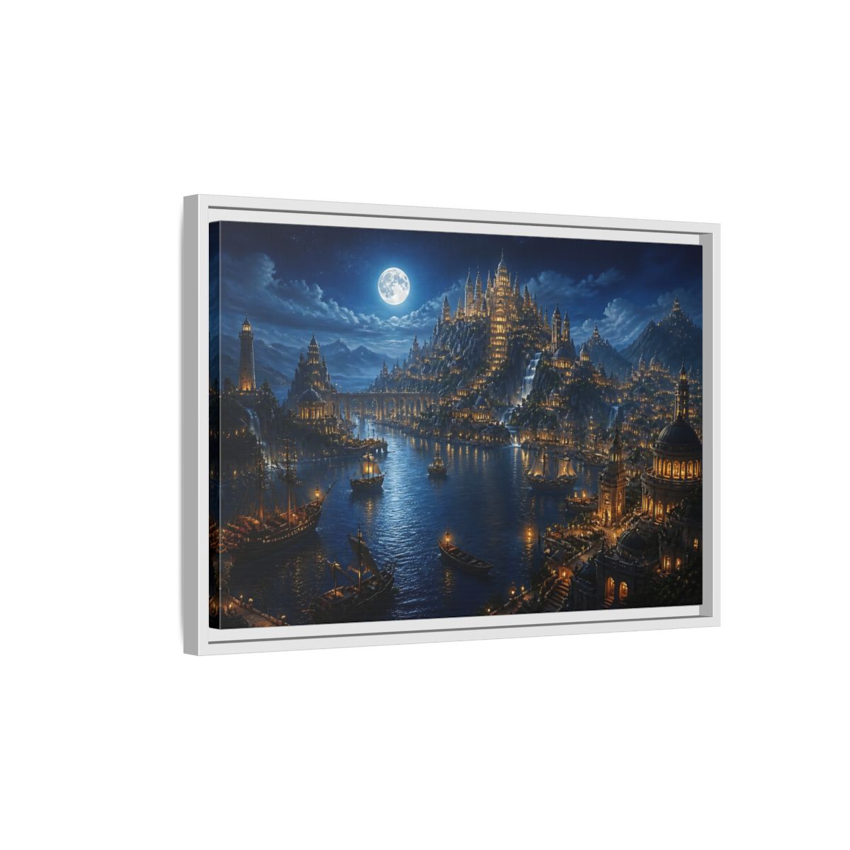 Side Mockup 1. Moonlit Castle Harbor shown as framed canvas print