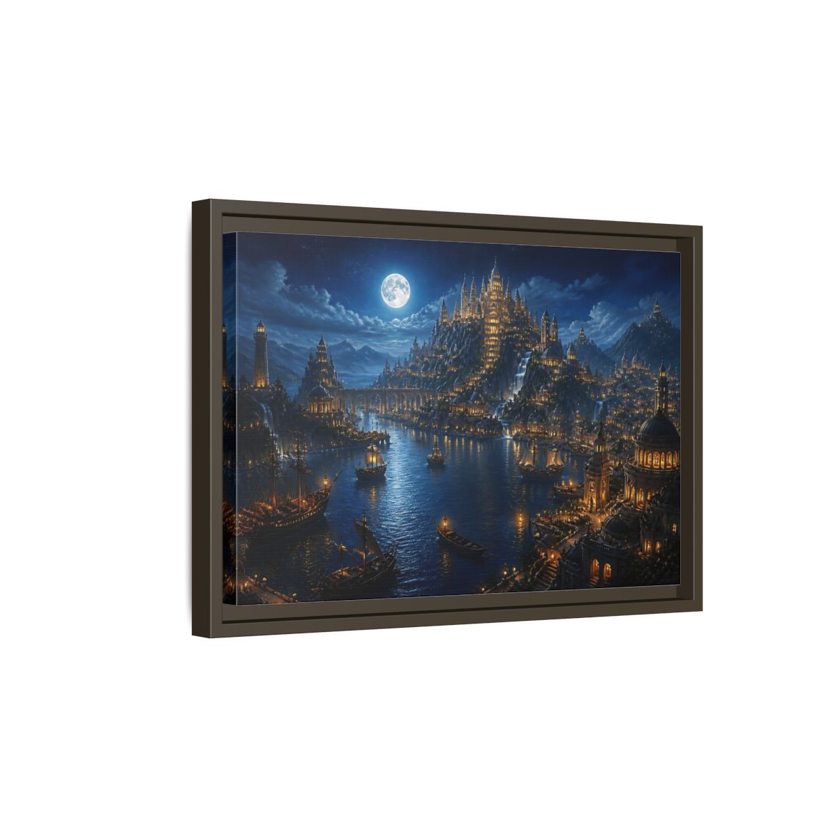 Side Mockup 5. Moonlit Castle Harbor shown as framed canvas print