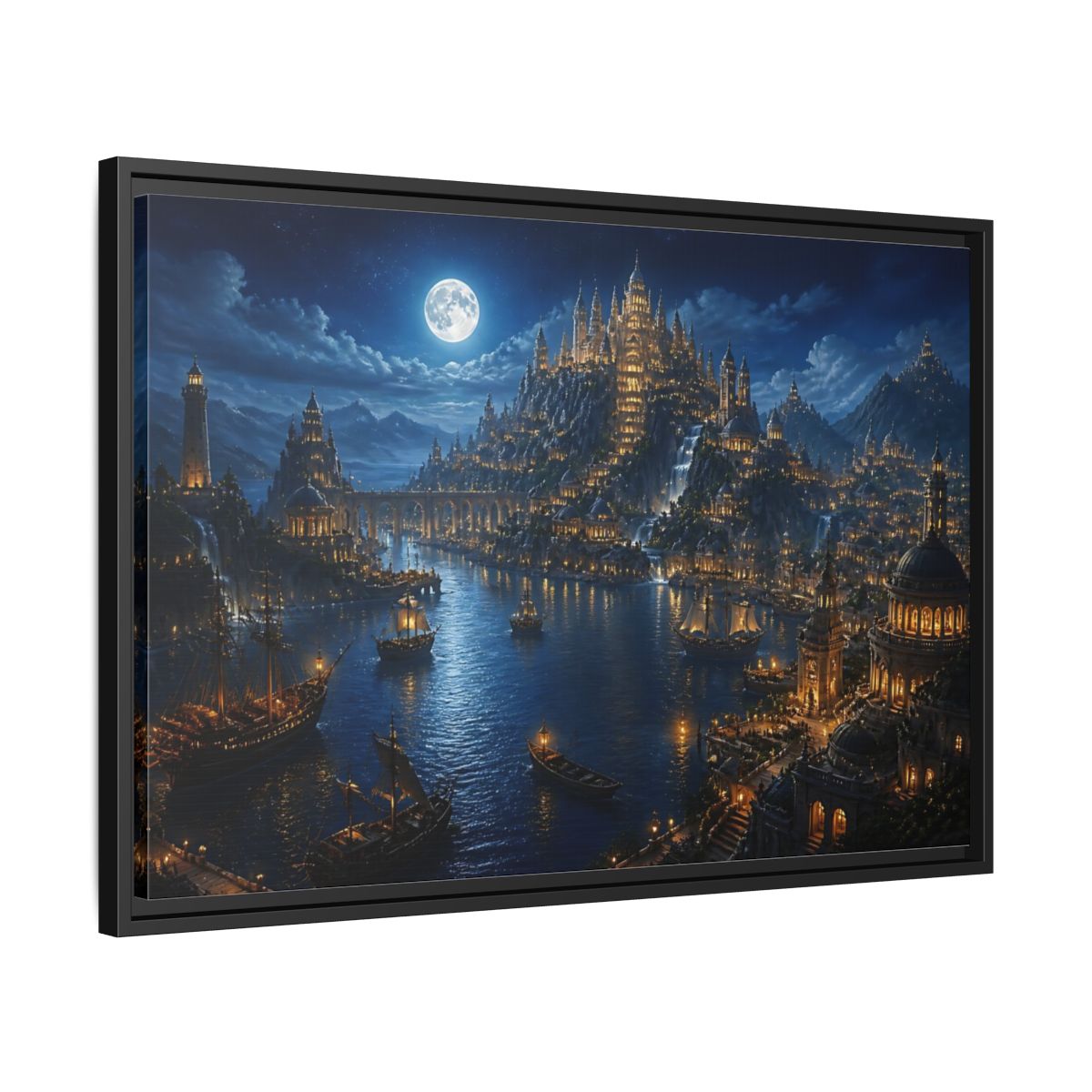 Side Mockup 14. Moonlit Castle Harbor shown as framed canvas print