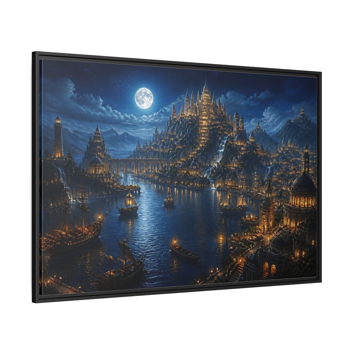 Side Mockup 12. Moonlit Castle Harbor shown as framed canvas print
