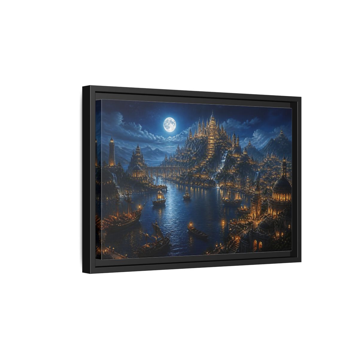 Side Mockup 6. Moonlit Castle Harbor shown as framed canvas print