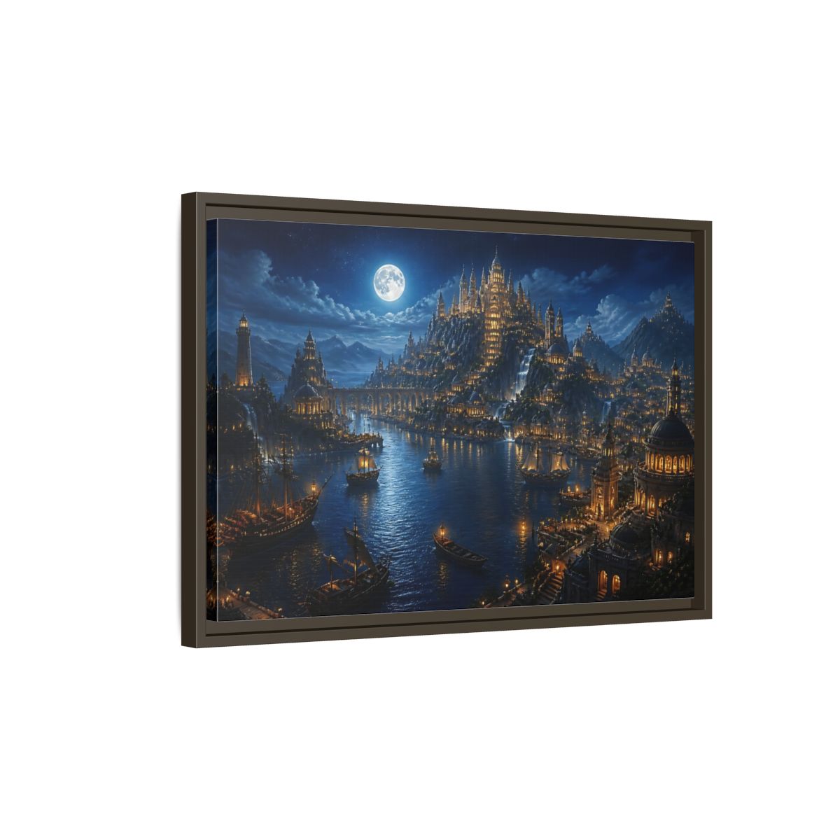 Side Mockup 2. Moonlit Castle Harbor shown as framed canvas print