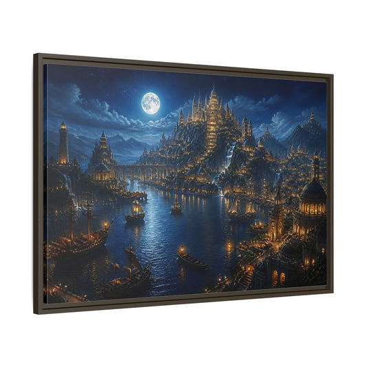 Main Mockup. Moonlit Castle Harbor shown as framed canvas print